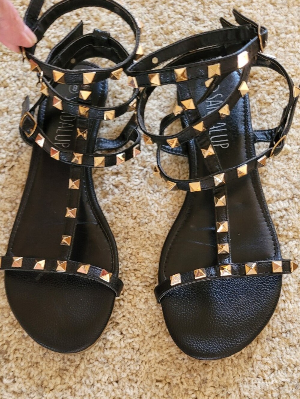 Cool Black Studded W Gold Gladiator Sandals 3 Ankle Straps  Size 8